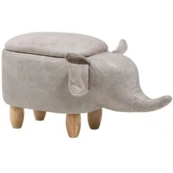 Modern Faux Leather Stool Distressed Solid Wood Animal Light Grey Elephant