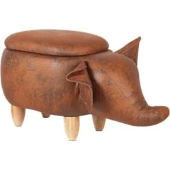 Modern Faux Leather Stool Distressed Upholstery Storage Solid Wood Brown Elephant