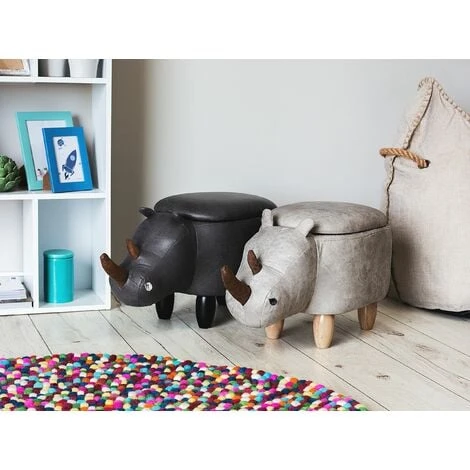 Modern Faux Leather Stool Upholstery Storage Solid Wood Animal Light Grey Rhino 4 Modern Faux Leather Stool Upholstery Storage Solid Wood Animal Light Grey Rhino - Image 2