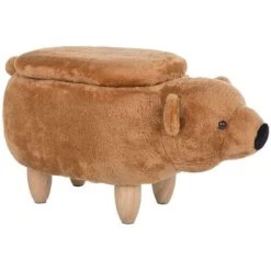 Modern Fabric Stool Footrest Nursery Solid Wood Legs Animal Golden Brown Bear