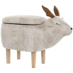 Modern Fabric Stool Pouffe Nursery Solid Wood Legs Animal Beige Reindeer