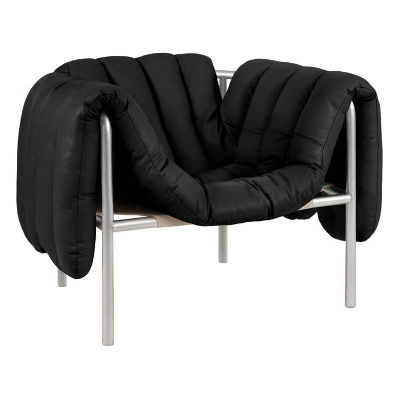 Hem Puffy Lounge Chair, Black Leather - Stainless Steel 3 Hem Puffy Lounge Chair, Black Leather - Stainless Steel