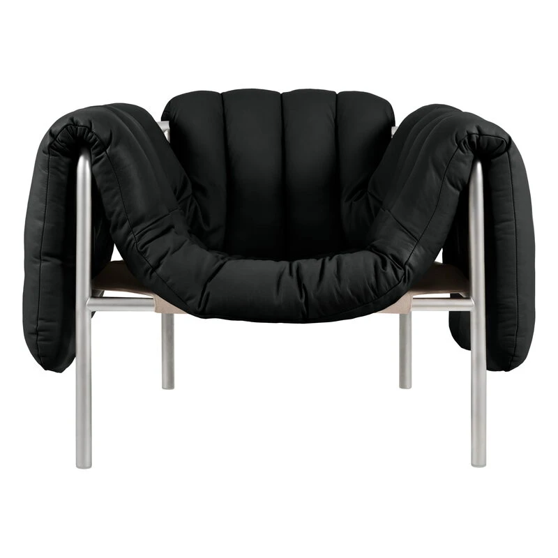 Hem Puffy Lounge Chair, Black Leather - Stainless Steel 5 Hem Puffy Lounge Chair, Black Leather - Stainless Steel - Image 3