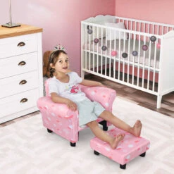 HOMCOM Kids Children Armchair Mini Sofa Wood Frame W/ Footrest Cute Cloud Star Pink -Fatboy Sales Store 20290020 3