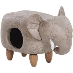 Kids Animal Stool Elephant Leather-Like With Storage Wooden Legs Grey Jumbo