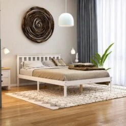 Milan 4ft6 Double Solid Pine Wood Bed Frame, Low Foot End, White-&-Pine, 190 X 135 Cm