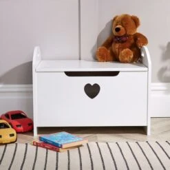 Zoe White Painted Wooden Storage Ottoman Bench Toy Cabinet Trunk Front Heart Cut-Out -Fatboy Sales Store 36857727 4