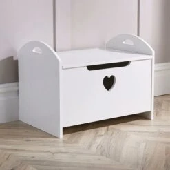 Zoe White Painted Wooden Storage Ottoman Bench Toy Cabinet Trunk Front Heart Cut-Out -Fatboy Sales Store 36857727 5