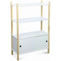 Children's Bookcase With 3 Shelves, Two Sliding Doors, 70x30x106.5cm - Tobias - Natural Pine, Painted White