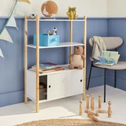 Children's Bookcase With 3 Shelves, Two Sliding Doors, 70x30x106.5cm - Tobias - Natural Pine, Painted White -Fatboy Sales Store 45404832 3