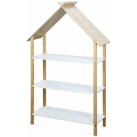 Children's Bookcase, 3 Shelves And Roof - 79x28x130cm - Tobias - Natural Pine, White 3 Children's Bookcase, 3 Shelves And Roof - 79x28x130cm - Tobias - Natural Pine, White