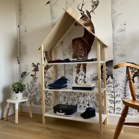 Children's Bookcase, 3 Shelves And Roof - 79x28x130cm - Tobias - Natural Pine, White 4 Children's Bookcase, 3 Shelves And Roof - 79x28x130cm - Tobias - Natural Pine, White - Image 2