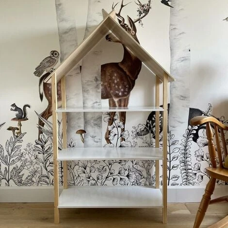 Children's Bookcase, 3 Shelves And Roof - 79x28x130cm - Tobias - Natural Pine, White 5 Children's Bookcase, 3 Shelves And Roof - 79x28x130cm - Tobias - Natural Pine, White - Image 3