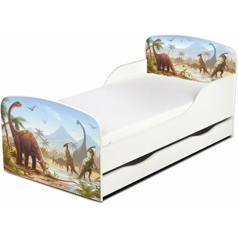 Wooden Bed For Children With A Drawer And A 140/70 Mattres. Dinosaurs UV Print. 3 Wooden Bed For Children With A Drawer And A 140/70 Mattres. Dinosaurs UV Print.