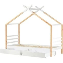 3 FT Single Bed Frame Kid House Bed With Storage Two Drawers Tree House Solid Pine Wood 90x190 Cm White And Natural -Fatboy Sales Store 51244929 3