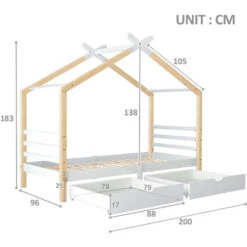 3 FT Single Bed Frame Kid House Bed With Storage Two Drawers Tree House Solid Pine Wood 90x190 Cm White And Natural -Fatboy Sales Store 51244929 5