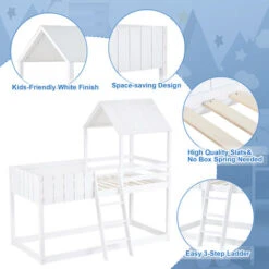 Bunk Bed Loft Bed House Bed 3 FT Kids Single Cabin Bed With Ladder And Guard Rail White 90x190 Cm -Fatboy Sales Store 52164637 4