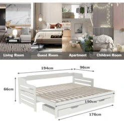 Wooden Daybed With Trundle And Drawer, 3 Ft Single Guest Bed For Living Room And Bedroom 90 X190 Cm White -Fatboy Sales Store 57765830 5