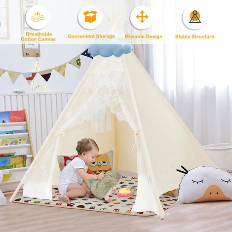 Portable Kids Lace Teepee Tent Folding Children Playhouse Indoor Outdoor W/ Bag 7 Portable Kids Lace Teepee Tent Folding Children Playhouse Indoor Outdoor W/ Bag - Image 5