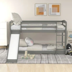 Children Bunk Bed, Wooden Bed Frame, Sleeper Bedstead With Slide, Ladder And Safety Guardrail, For Kids Teenagers Bedroom 90 X 190 Cm Gray -Fatboy Sales Store 64695060 2