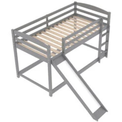 Children Bunk Bed, Wooden Bed Frame, Sleeper Bedstead With Slide, Ladder And Safety Guardrail, For Kids Teenagers Bedroom 90 X 190 Cm Gray -Fatboy Sales Store 64695060 3