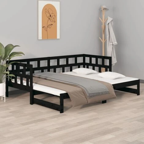 Pull-out Day Bed Black Solid Wood Pine 2x(90x190) Cm VidaXL 4 Pull-out Day Bed Black Solid Wood Pine 2x(90x190) Cm VidaXL - Image 2