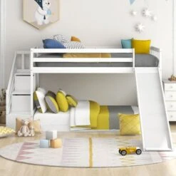 Bunk Bed With Stairs, Slide And Storage, Mid Sleeper, 90x190cm Children Bed 2 Drawers In The Steps, White