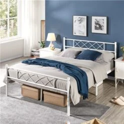 Yaheetech 4ft6 Double Metal Bed Frame With Cross-design Headboard & Footboard, White -Fatboy Sales Store 71207709 3