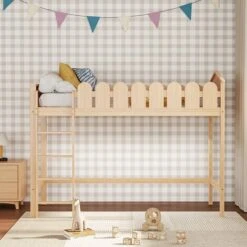 Livingandhome Pine Wood Loft Bed For Kids Room With Fence Rails