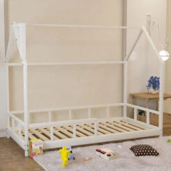 Livingandhome White Solid Pine Wood Frame House Double Kids Bedstead -Fatboy Sales Store 76194361 3