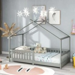 Children's Bed - Solid Wood With Fence And Slatted Frame - With Fall Protection For Children's And Teenagers' Rooms - Gray - 90 X 200 Cm -Fatboy Sales Store 76957207 3