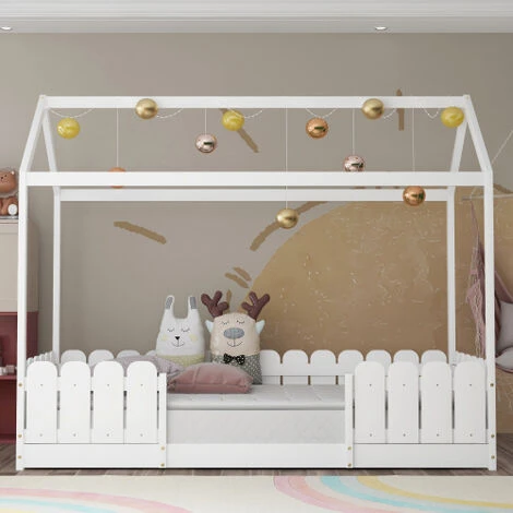 House Bed 90x200 Cm - Versatile Wooden Bed For Boys And Girls - With Fall Protection And Slatted Frame - White (without Mattress) 4 House Bed 90x200 Cm - Versatile Wooden Bed For Boys And Girls - With Fall Protection And Slatted Frame - White (without Mattress) - Image 2