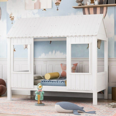 House Bed, Baby Bed, Day Bed With 2 Windows, Pine Frames, MDF Roof, White (200x90cm) 3 House Bed, Baby Bed, Day Bed With 2 Windows, Pine Frames, MDF Roof, White (200x90cm)