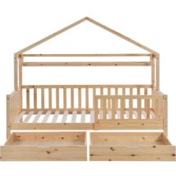 Wooden Colored Children's Bed, Bed House Bed With Drawers, Solid Wood With Slatted Frame, Pine Wood House Bed, Children's And Youth Room, 90x200 -Fatboy Sales Store 76957515 3