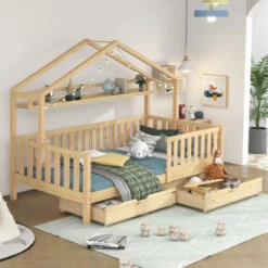 Wooden Colored Children's Bed, Bed House Bed With Drawers, Solid Wood With Slatted Frame, Pine Wood House Bed, Children's And Youth Room, 90x200 -Fatboy Sales Store 76957515 4