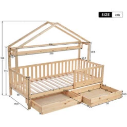 Wooden Colored Children's Bed, Bed House Bed With Drawers, Solid Wood With Slatted Frame, Pine Wood House Bed, Children's And Youth Room, 90x200 -Fatboy Sales Store 76957515 5