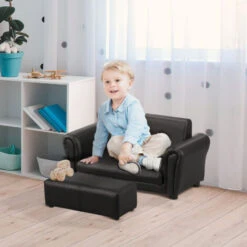 HOMCOM 2 Seater Toddler Chair Kids Twin Sofa Double Seat Armchair W/ Footstool Black -Fatboy Sales Store 8000844 3