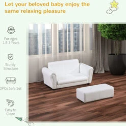 HOMCOM 2 Seater Toddler Chair Kids Twin Sofa Double Seat Armchair W/ Footstool White -Fatboy Sales Store 8000881 5