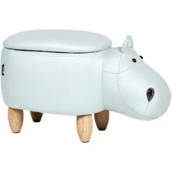 Modern Faux Leather Stool Light Blue Upholstery Storage Solid Wood Animal Hippo