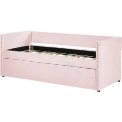 Trundle Bed Light Pink Glam Velvet Upholstery Slats EU Single Troyes -Fatboy Sales Store 80379792 5