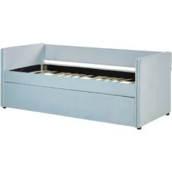 Trundle Bed Light Blue Glam Velvet Upholstery Slats EU Single Troyes -Fatboy Sales Store 80383824 5