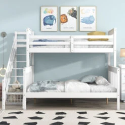 Triple Bunk Bed, Three Sleeper, 3FT Single, 4FT6 Double, Solid Pine Wood Frame, With Side Ladder, Kids Children, White (90x190cm, 135x190cm)
