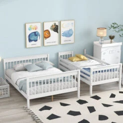 Triple Bunk Bed, Three Sleeper, 3FT Single, 4FT6 Double, Solid Pine Wood Frame, With Side Ladder, Kids Children, White (90x190cm, 135x190cm) -Fatboy Sales Store 81231208 4