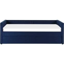 Corduroy Fabric EU Single Trundle Bed Frame Nailhead Trim 3ft Navy Blue Mimizan -Fatboy Sales Store 85748305 5 1