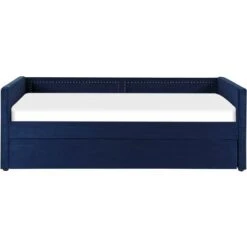 Corduroy Fabric EU Single Trundle Bed Frame Nailhead Trim 3ft Navy Blue Mimizan -Fatboy Sales Store 85748305 5