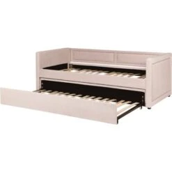 Modern Fabric EU Single Trundle Bed Frame Nailhead Trim 3ft Pink Mimizan -Fatboy Sales Store 85748307 5