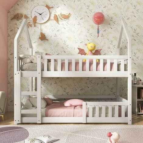 HOOSENG Bunk Bed Twin Single Sleeper Bed, 3FT Solid Wood Bed Frame Single Bed Gaming Bed With Ladder And Guard Rail, Castle-shaped Bed Children's Bedroom Furniture For Kids Children (White) 4 HOOSENG Bunk Bed Twin Single Sleeper Bed, 3FT Solid Wood Bed Frame Single Bed Gaming Bed With Ladder And Guard Rail, Castle-shaped Bed Children's Bedroom Furniture For Kids Children (White) - Image 2