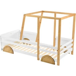 Children Car Bed Frame Children's Bed With Wheels Jeep Bed Pine Frame, White + Natural, 90x190cm -Fatboy Sales Store 88701341 3