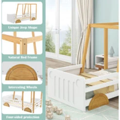 Children Car Bed Frame Children's Bed With Wheels Jeep Bed Pine Frame, White + Natural, 90x190cm -Fatboy Sales Store 88701341 4