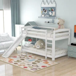 Single Bunk Bed With Convertible Slide And Ladder,White -Fatboy Sales Store 90520461 3